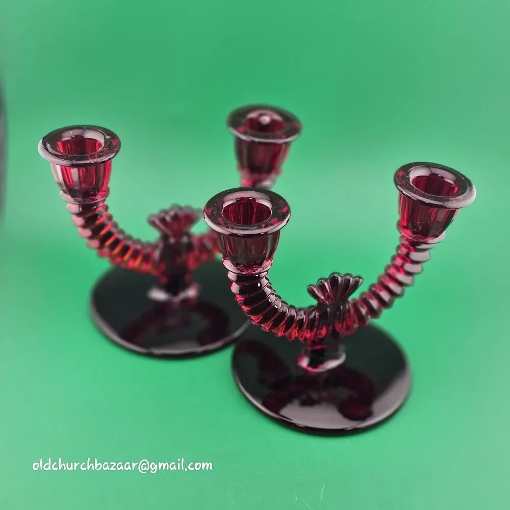 Set of 2 Paden City Ruby Red Glass Crows Foot Round Double Candle Holders